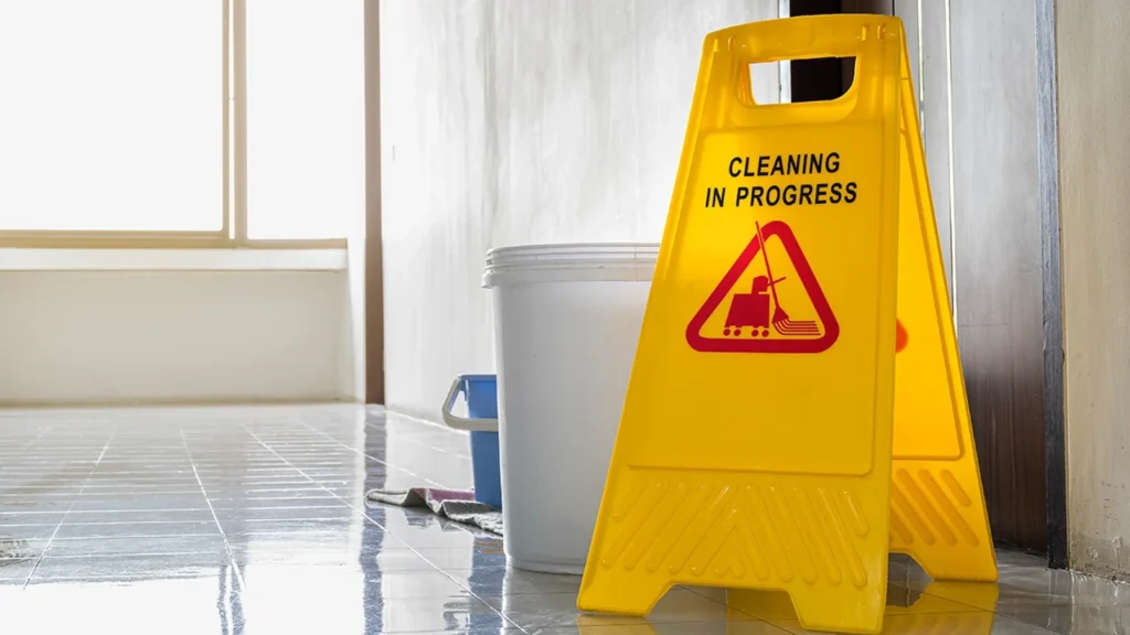 Cartello giallo "Cleaning in progress" su pavimento bagnato e lucido in un corridoio con secchi sullo sfondo.