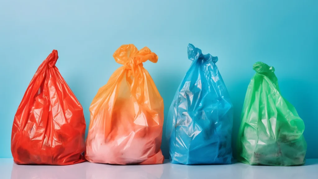 Quattro sacchetti di plastica colorati e sigillati per la raccolta differenziata dei rifiuti su sfondo azzurro.