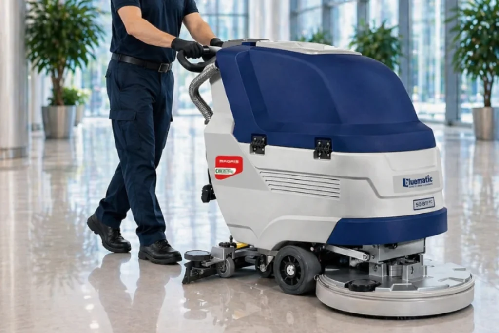 Operatore in divisa utilizza una lavasciuga pavimenti professionale Bluematic Magris nel corridoio luminoso di un ufficio.